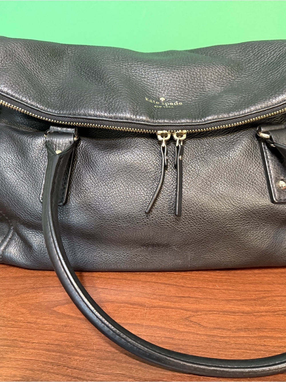 Authentic Kate Spade Black Pebbled Leather Foldover Tote Shoulder Bag